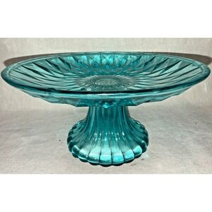 Vintage Aqua Glass Pedestal Dessert Stand Diamond Pattern 1950s 8"